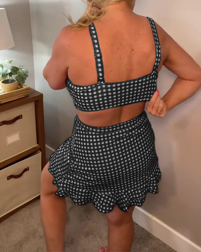 Casual dwuczęściowy strój kąpielowy na ramiączkach w kratkę