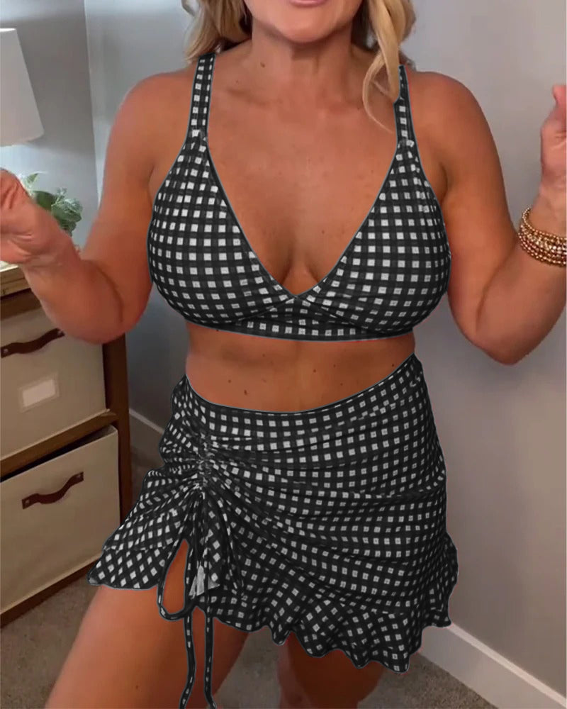 Casual dwuczęściowy strój kąpielowy na ramiączkach w kratkę